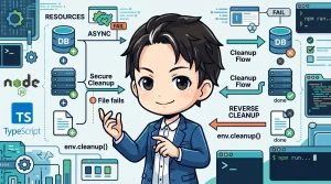 Node.js/TypeScriptにおける複数の非同期リソース（DB、サーバー、ファイル）の確保・解放フローを示す図です。失敗時の安全な巻き戻しや、終了時の逆順クリーンアップが視覚的に表現されています。