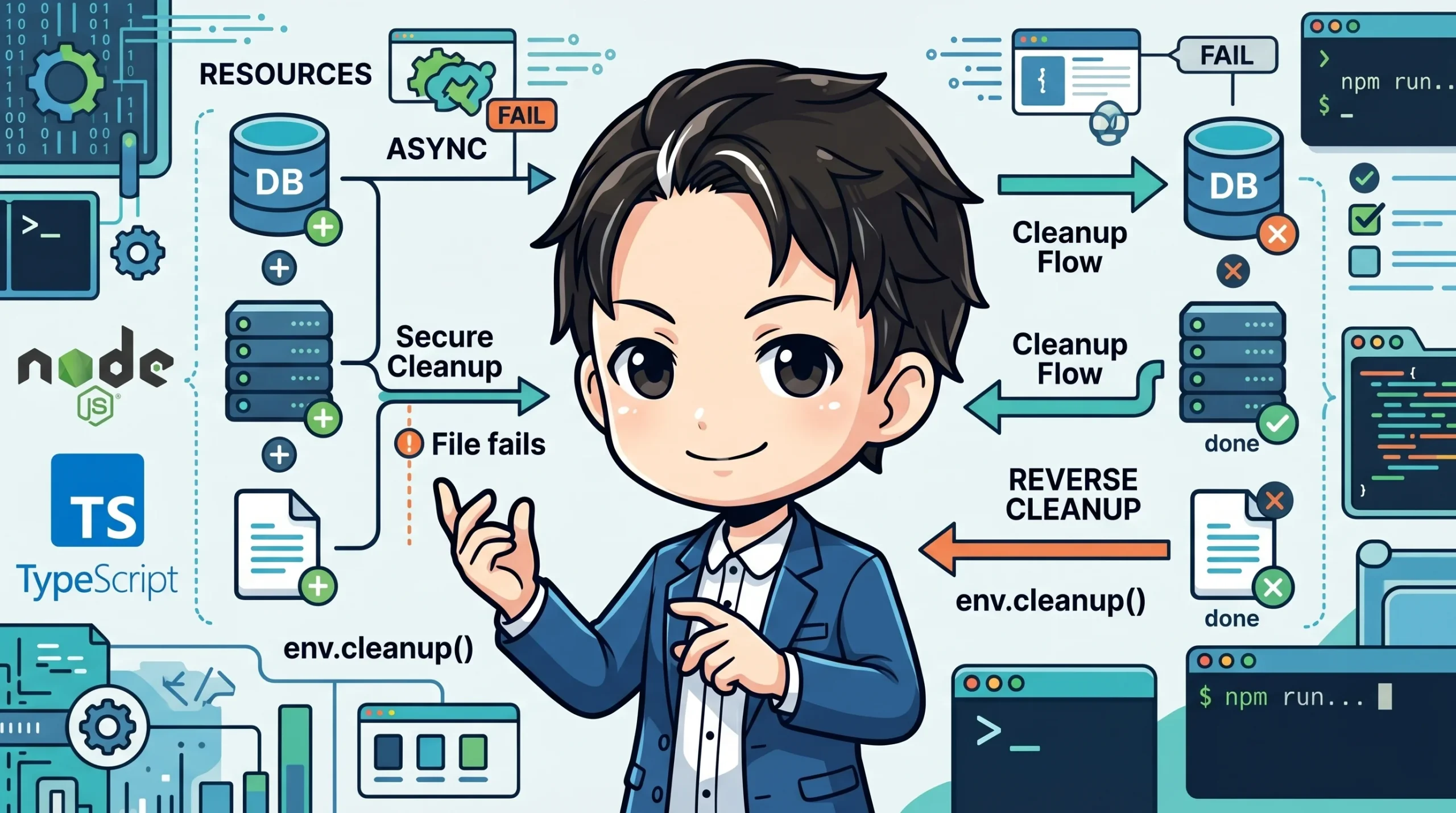 Node.js/TypeScriptにおける複数の非同期リソース（DB、サーバー、ファイル）の確保・解放フローを示す図です。失敗時の安全な巻き戻しや、終了時の逆順クリーンアップが視覚的に表現されています。