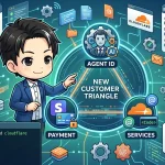 AIエージェントがCloudflareの新規顧客になるプロセスを図解したイラスト。中央の「新規顧客の三角形」がAgent ID、Payment、Servicesで構成され、Stripe Projectsを通じた契約・課金・ID管理の自動化を示す。AIエージェントのキャラクターがそれを指差している。