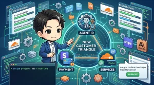 AIエージェントがCloudflareの新規顧客になるプロセスを図解したイラスト。中央の「新規顧客の三角形」がAgent ID、Payment、Servicesで構成され、Stripe Projectsを通じた契約・課金・ID管理の自動化を示す。AIエージェントのキャラクターがそれを指差している。