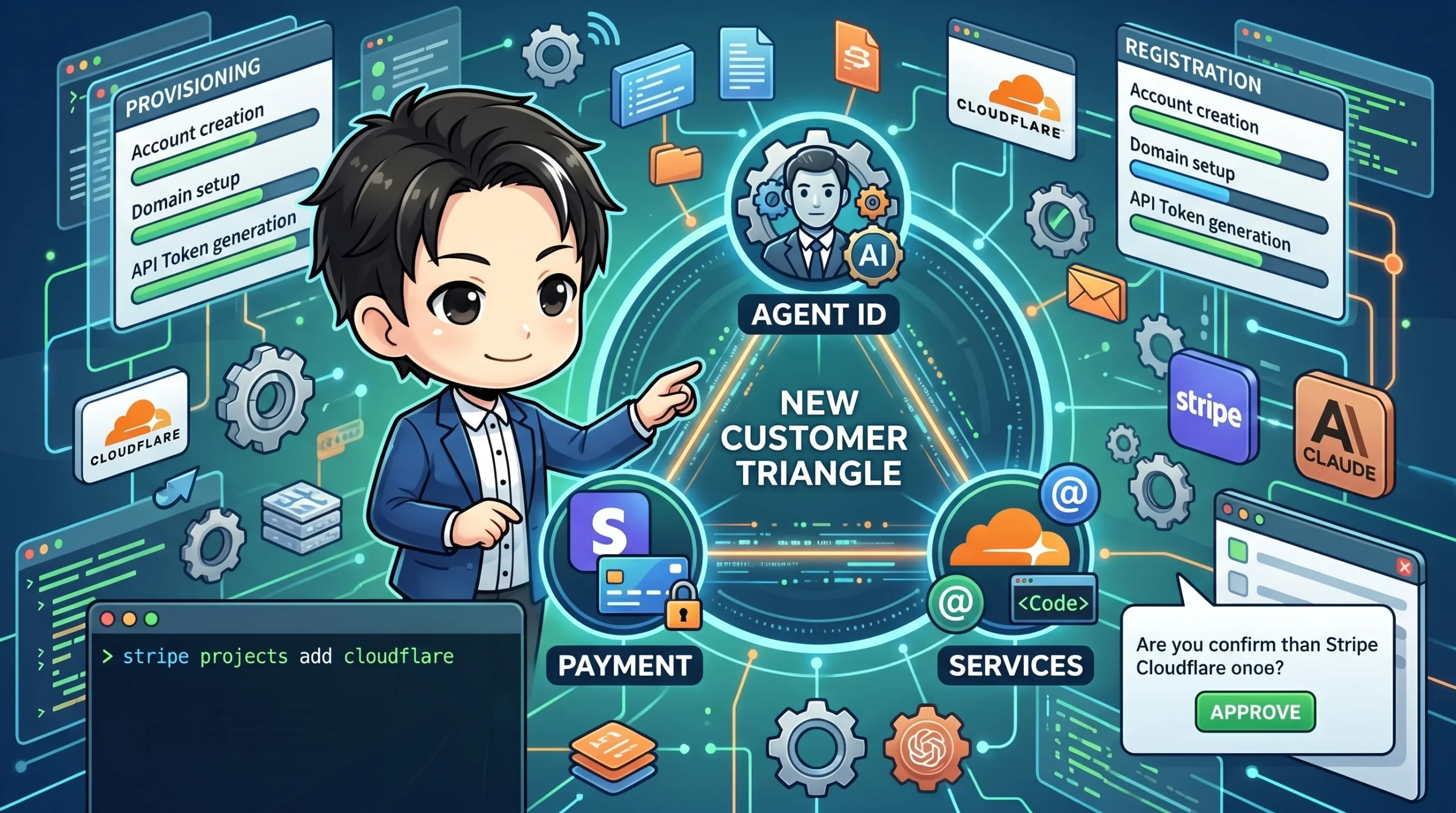 AIエージェントがCloudflareの新規顧客になるプロセスを図解したイラスト。中央の「新規顧客の三角形」がAgent ID、Payment、Servicesで構成され、Stripe Projectsを通じた契約・課金・ID管理の自動化を示す。AIエージェントのキャラクターがそれを指差している。