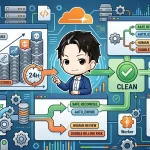 ちびキャラクターがStripeの不完全なサブスクリプションを自動で処理するシステムフローを指差しています。24時間で孤立したレコードをクリーニングし、「安全な調整」「自動失効」「手動レビュー」「二重課金リスク」に分類して対応する様子が描かれ、自動リコンサイルの設計を示しています。
