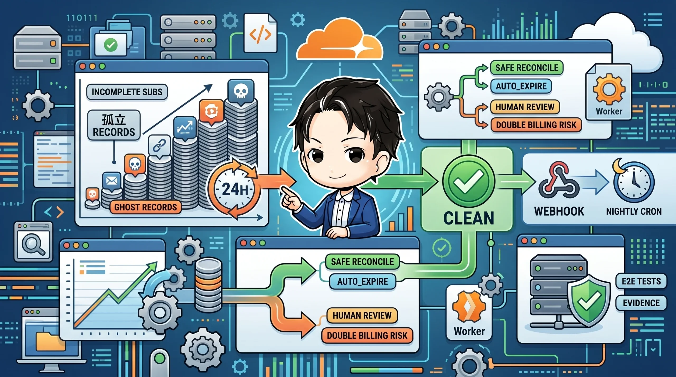 ちびキャラクターがStripeの不完全なサブスクリプションを自動で処理するシステムフローを指差しています。24時間で孤立したレコードをクリーニングし、「安全な調整」「自動失効」「手動レビュー」「二重課金リスク」に分類して対応する様子が描かれ、自動リコンサイルの設計を示しています。