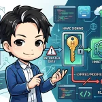 Stripe Pricing Tableのclient-reference-id改ざんを防ぐため、HMAC署名で信頼できないデータをトークン化し検証するセキュリティフローの図です。人物が説明しています。