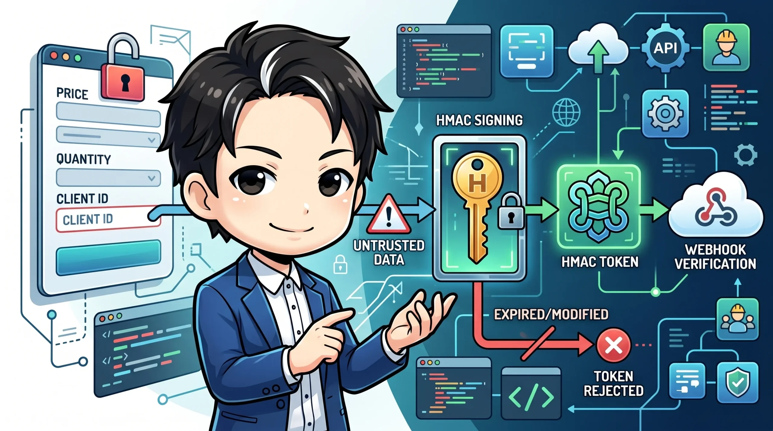 Stripe Pricing Tableのclient-reference-id改ざんを防ぐため、HMAC署名で信頼できないデータをトークン化し検証するセキュリティフローの図です。人物が説明しています。
