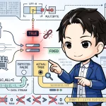 macOS標準のawkで、日本語の「月謝」と「交通費」の文字列比較がTrueになるバグを説明するイラスト。キャラクターが、UTF-8多バイト文字の比較が期待値と異なる結果を示す問題点を指し示している。