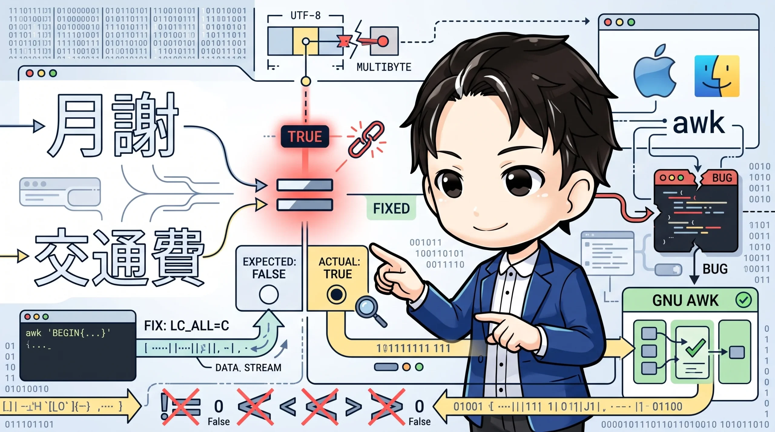 macOS標準のawkで、日本語の「月謝」と「交通費」の文字列比較がTrueになるバグを説明するイラスト。キャラクターが、UTF-8多バイト文字の比較が期待値と異なる結果を示す問題点を指し示している。