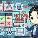 Notion APIの404エラーに関するイラスト。男性キャラクターが、データベースIDとデータソースIDの2種類のIDと権限の有無によって404が返される「罠」を2x2マトリクスで視覚的に解説しています。