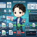 WordPress REST APIにおける日本語ファイル名の画像アップロード失敗を図解。HTTPヘッダの`latin-1`エンコーディング制約により非ASCII文字が拒否され、エラーとなる具体的なプロセスとメッセージが示されています。
