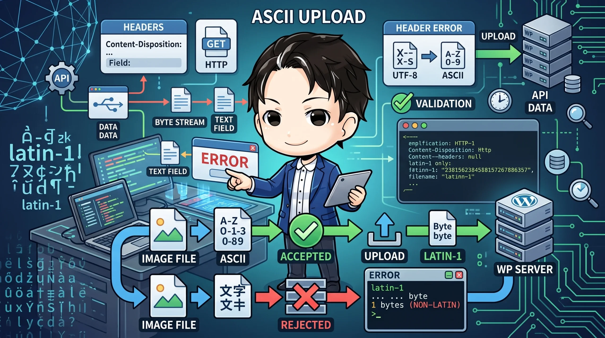 WordPress REST APIにおける日本語ファイル名の画像アップロード失敗を図解。HTTPヘッダのlatin-1エンコーディング制約により非ASCII文字が拒否され、エラーとなる具体的なプロセスとメッセージが示されています。