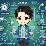 24時間稼働AIエージェントのアーキテクチャ図。スケジューラー、ツール、LLM判断、エージェントループ、状態DBなどが連携し、自律的にタスクを実行するGoogle Remyのようなシステムを視覚化している。