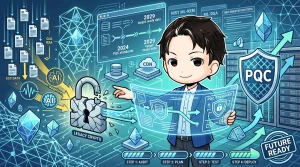 AIと量子波形が旧来の暗号を解読する様子と、2024年のNIST PQC標準化、2029年の準備目標を示すロードマップ。PQCへの移行ステップ（監査、計画、テスト、展開）と、未来に向けたセキュリティ強化を視覚的に表現しています。