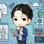 ADR（設計意思決定記録）を中心とし、自作ツールと公式機能の境界線を定めるプロセスを描いた概念図。意思決定ツリーやスコープ定義、非目標（Non-goals）の概念も示され、効率的なシステム設計の判断基準を表しています。