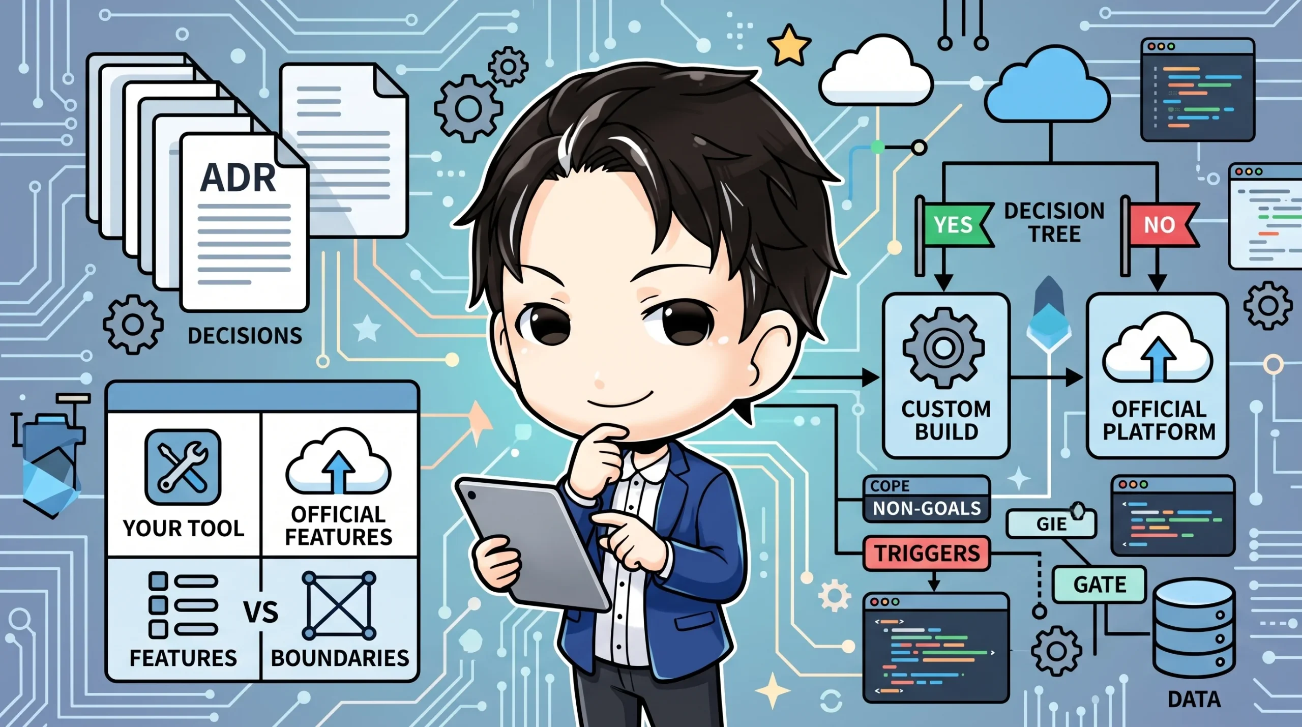 ADR(設計意思決定記録)を中心とし、自作ツールと公式機能の境界線を定めるプロセスを描いた概念図。意思決定ツリーやスコープ定義、非目標(Non-goals)の概念も示され、効率的なシステム設計の判断基準を表しています。