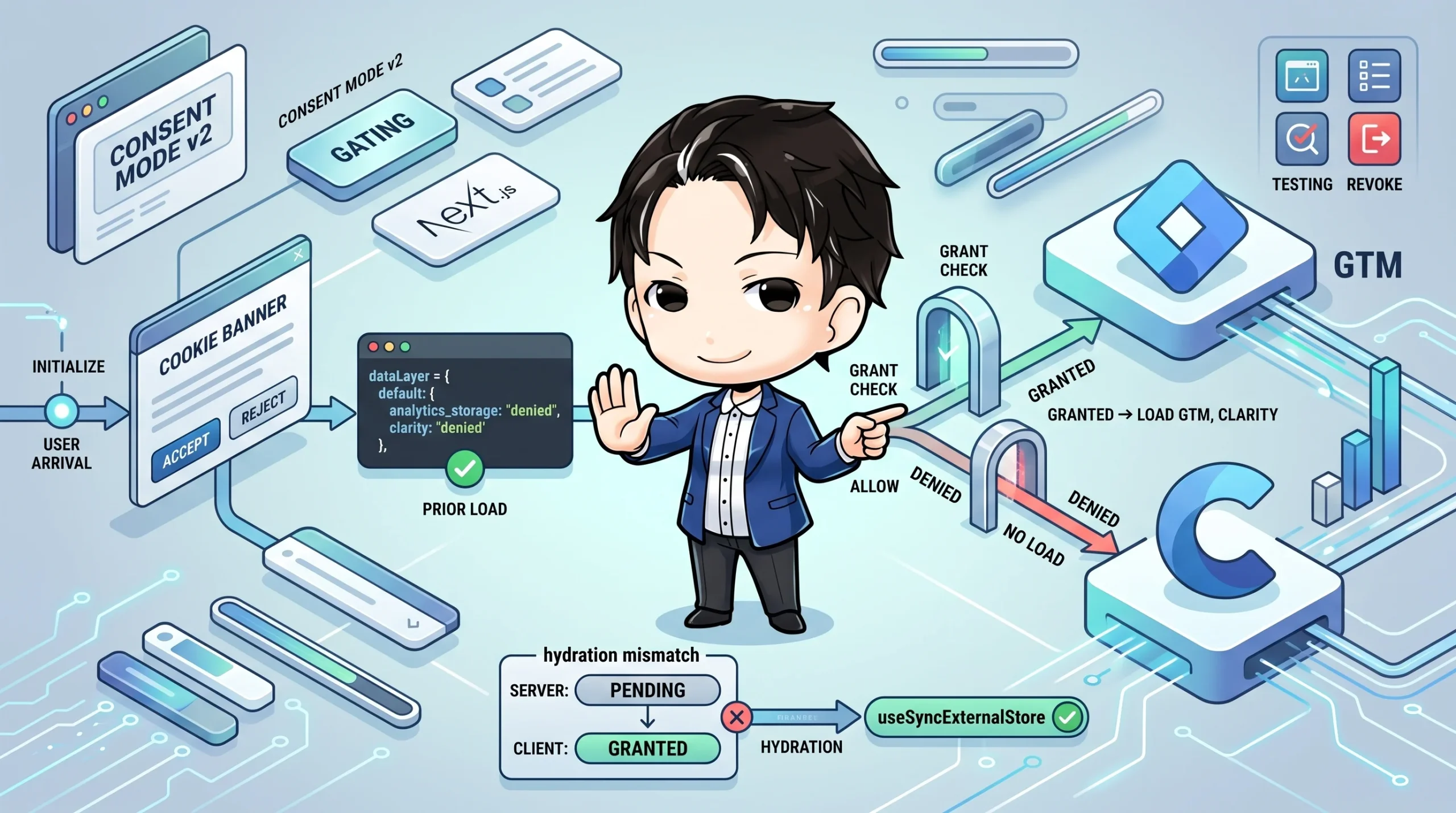 Next.jsアプリにおけるGoogle Consent Mode v2対応と、Cookie同意バナーからGTM/Clarityタグの動的なロード制御フローを示しており、hydration mismatchの解決策も描かれています。