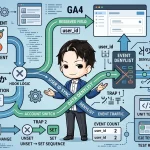 GA4のuser_id同期フローを図解。クッキー同意と認証状態をフックで統合し、予約フィールドとしての`user_id`のセット・アンセット、デニーリスト処理を経てGA4へイベントが流れる。デニーリストブロックやアカウント切替時の罠、テスト責務も示す。