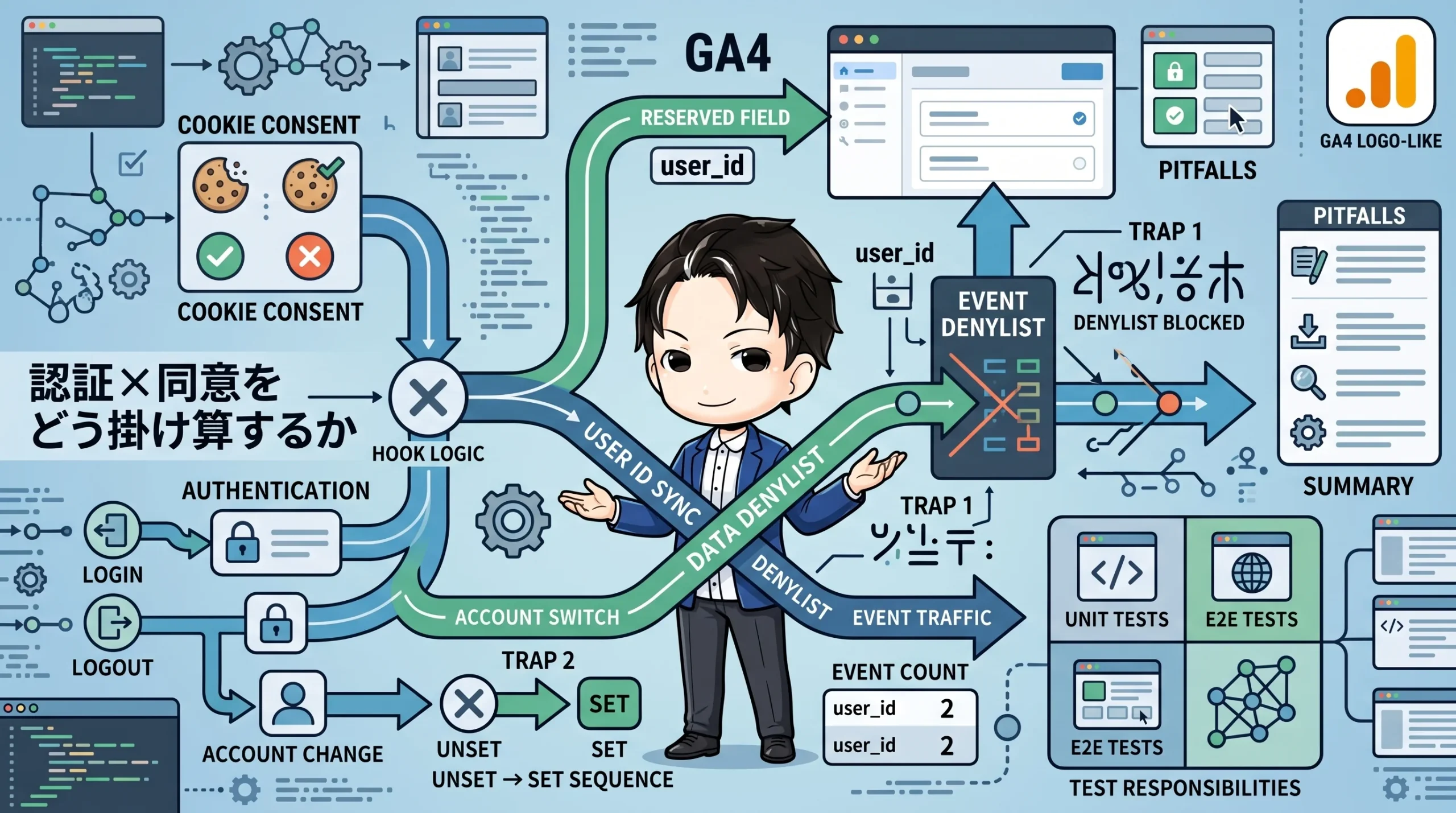 GA4のuser_id同期フローを図解。クッキー同意と認証状態をフックで統合し、予約フィールドとしてのuser_idのセット・アンセット、デニーリスト処理を経てGA4へイベントが流れる。デニーリストブロックやアカウント切替時の罠、テスト責務も示す。