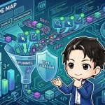 TypeScriptの型でイベント計測のドリフトを防ぐシステムを図解。イベントがTYPE MAPやFUNNELを通り一貫性をもって流れる様子と、ドリフトを回避するパス、そして説明する人物が描かれている。データ収集の安定性を示唆。