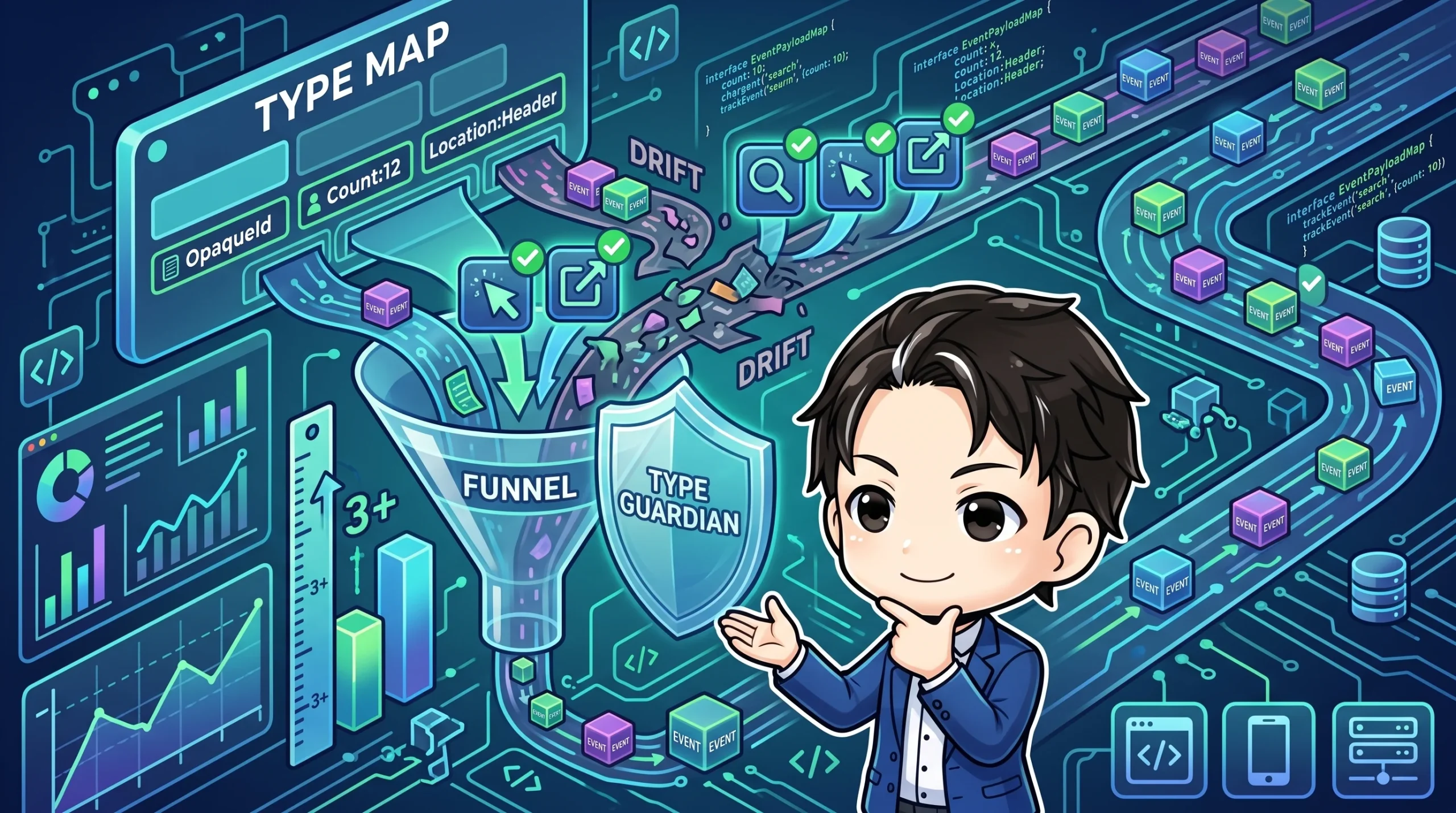 TypeScriptの型でイベント計測のドリフトを防ぐシステムを図解。イベントがTYPE MAPやFUNNELを通り一貫性をもって流れる様子と、ドリフトを回避するパス、そして説明する人物が描かれている。データ収集の安定性を示唆。