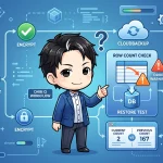 CIワークフローの図で、ちびキャラが疑問符を浮かべ、バックアップのリストアテストと行数比較による復元可能性検証の重要性を指し示しています。通常の成功表示に対し、具体的なデータ欠損（2対167）が失敗として強調されています。
