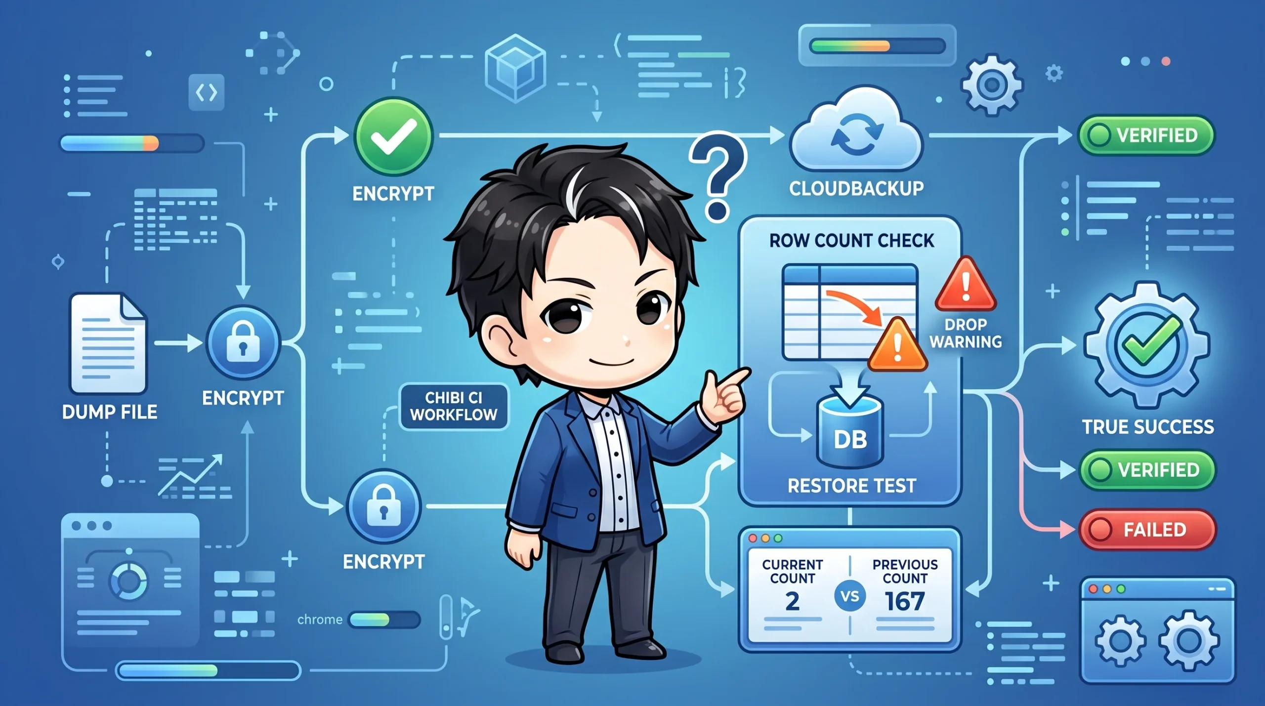 CIワークフローの図で、ちびキャラが疑問符を浮かべ、バックアップのリストアテストと行数比較による復元可能性検証の重要性を指し示しています。通常の成功表示に対し、具体的なデータ欠損（2対167）が失敗として強調されています。