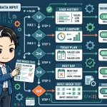 優先順位付きルールチェーンによる推薦ロジックのフローチャートと、禁止語彙テストの書類を持つ男性のイラスト。LLMを使わない決定論的で説明可能な推薦システム設計を示唆しています。