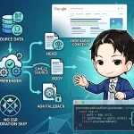 認証必須SPAでクローラに本文を届けるための限定的静的プリレンダリング戦略の概念図。ソースデータから公開ルートのみをプリレンダリングし、検索エンジン向けインデックス可能コンテンツとSNSプレビューを生成する流れを、コード例と共に示している。認証ルートはプリレンダリング対象外となる。