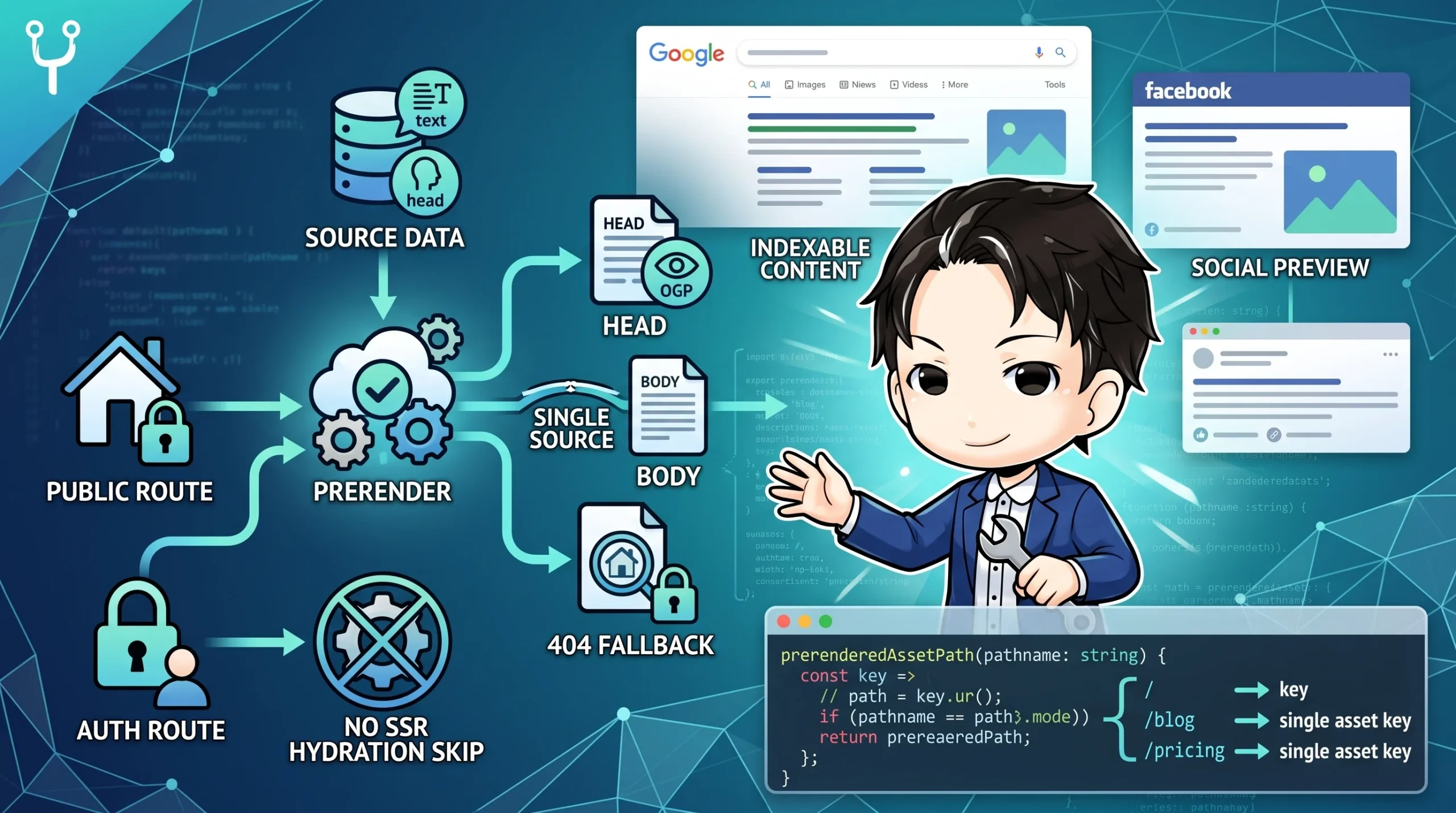 認証必須SPAでクローラに本文を届けるための限定的静的プリレンダリング戦略の概念図。ソースデータから公開ルートのみをプリレンダリングし、検索エンジン向けインデックス可能コンテンツとSNSプレビューを生成する流れを、コード例と共に示している。認証ルートはプリレンダリング対象外となる。