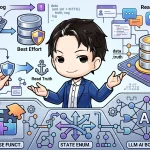 監査ログの取り込み、ベストエフォートなDB、そして「読み取りの正」としてAI/LLMやSlackからの再実行にデータが活用される様子を描いた概念図。機能再利用や状態遷移の検討点も示し、中央の人物が設計判断を提示しています。