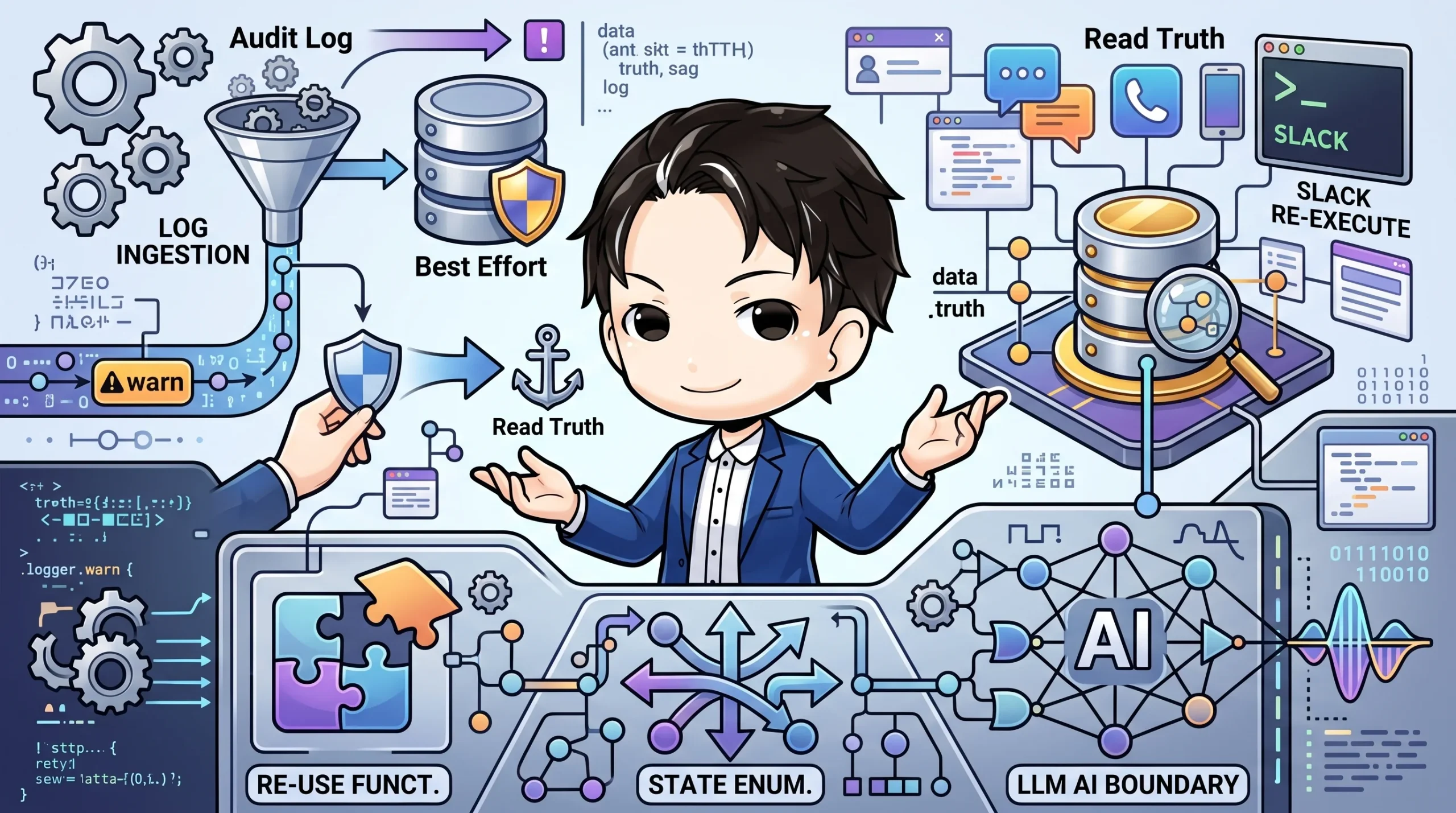 監査ログの取り込み、ベストエフォートなDB、そして「読み取りの正」としてAI/LLMやSlackからの再実行にデータが活用される様子を描いた概念図。機能再利用や状態遷移の検討点も示し、中央の人物が設計判断を提示しています。