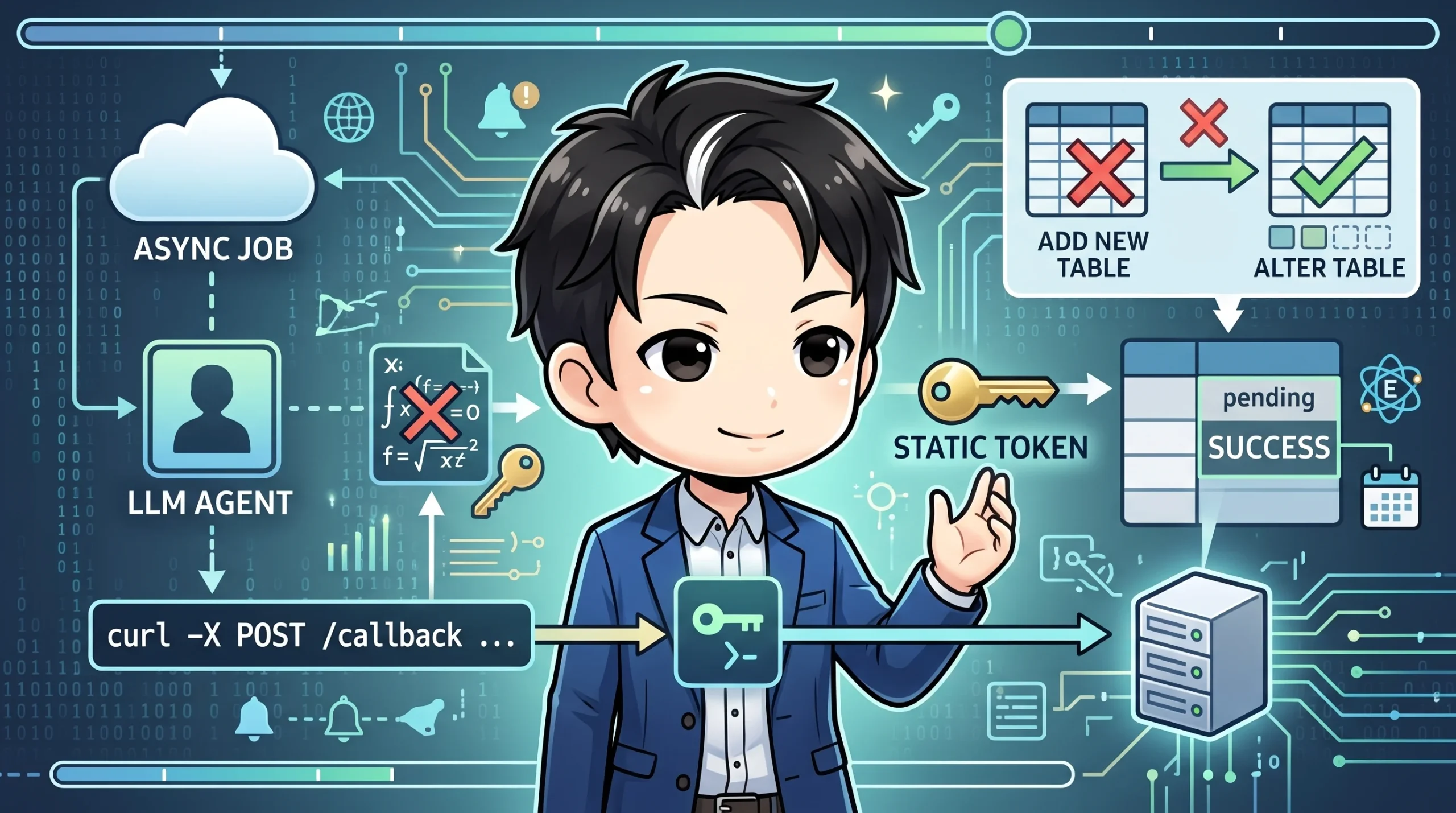 LLMエージェントが非同期ジョブの完了をコールバックで通知するシステム設計の概念図。固定トークン認証、テーブル追加ではなくカラム変更で状態を管理し、成功へ導く過程が描かれています。