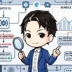 夜間CIの回帰チェックで起こる静的解析のバイナリ誤検知（PNGQUANT）と、バンドルサイズ比較における測定日時ズレによる失敗を、キャラクターが調査する様子。2つの誤検知の罠が図解されている。