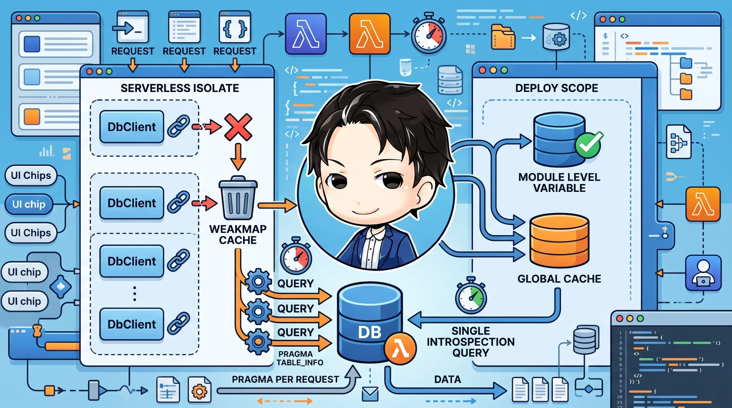 サーバーレス環境でのスキーマキャッシュ戦略を示す図解。使い捨てのDBクライアントでWeakMapキャッシュが機能しない問題と、モジュールレベル変数を用いた効率的な単一イントロスペクションクエリによる解決策を対比しています。