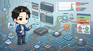 AIエージェントと、ツール呼び出しからメール送信、API、DB更新への処理フローを示す図です。構造化ログによる異常検知、しきい値とレート制限によるブロック、人間による承認プロセスでAIの暴走を防ぐ仕組みを表現しています。