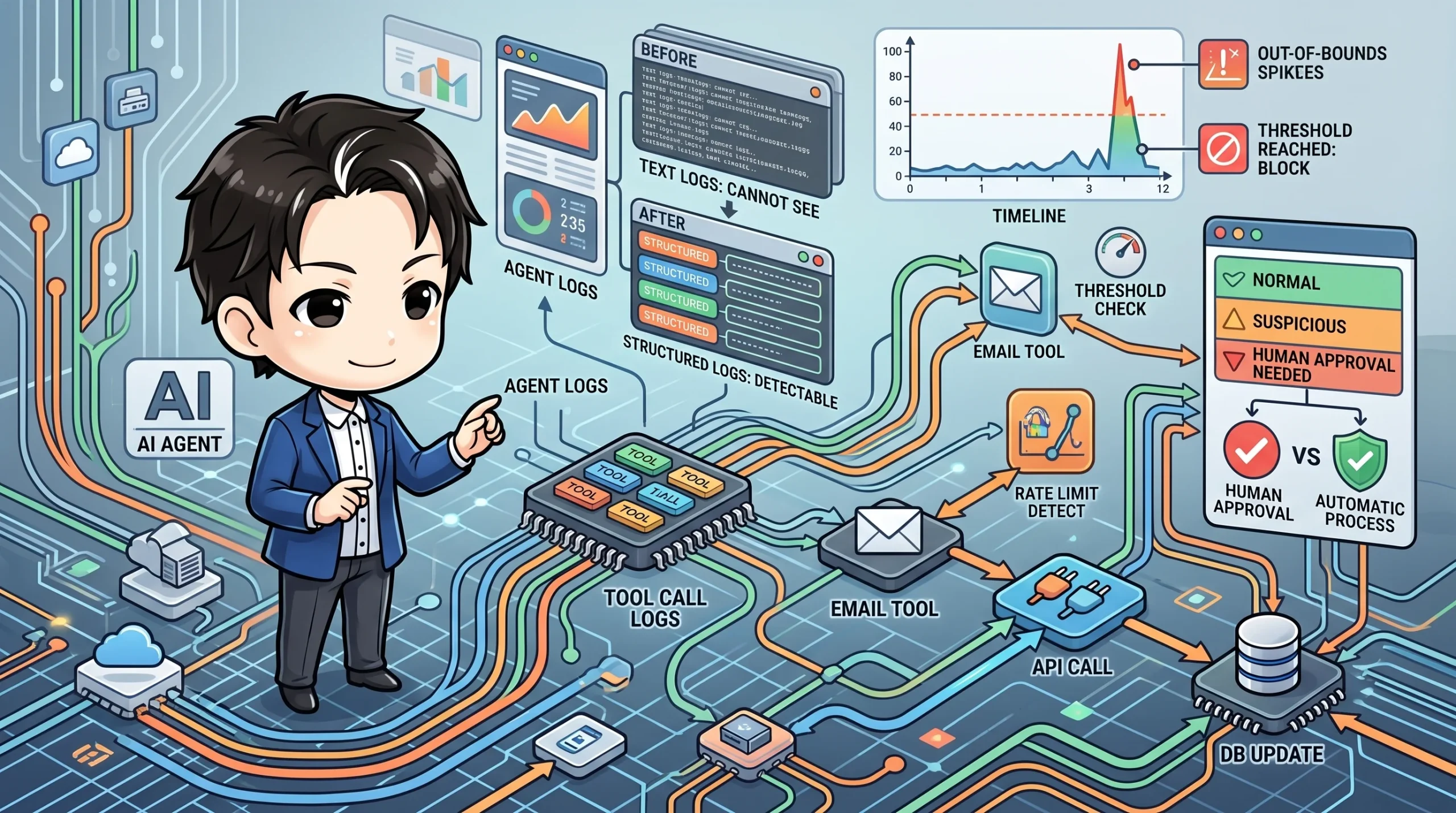 AIエージェントと、ツール呼び出しからメール送信、API、DB更新への処理フローを示す図です。構造化ログによる異常検知、しきい値とレート制限によるブロック、人間による承認プロセスでAIの暴走を防ぐ仕組みを表現しています。