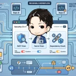 複数リポジトリ（Repo-A, B, C等）がGitHub Actionsの再利用可能なセキュリティCIワークフローに繋がり、SAST、シークレットスキャン、依存関係チェックが実行される様子。各リポジトリのセキュリティテストを一元化し、段階的に導入する設計が示されている。