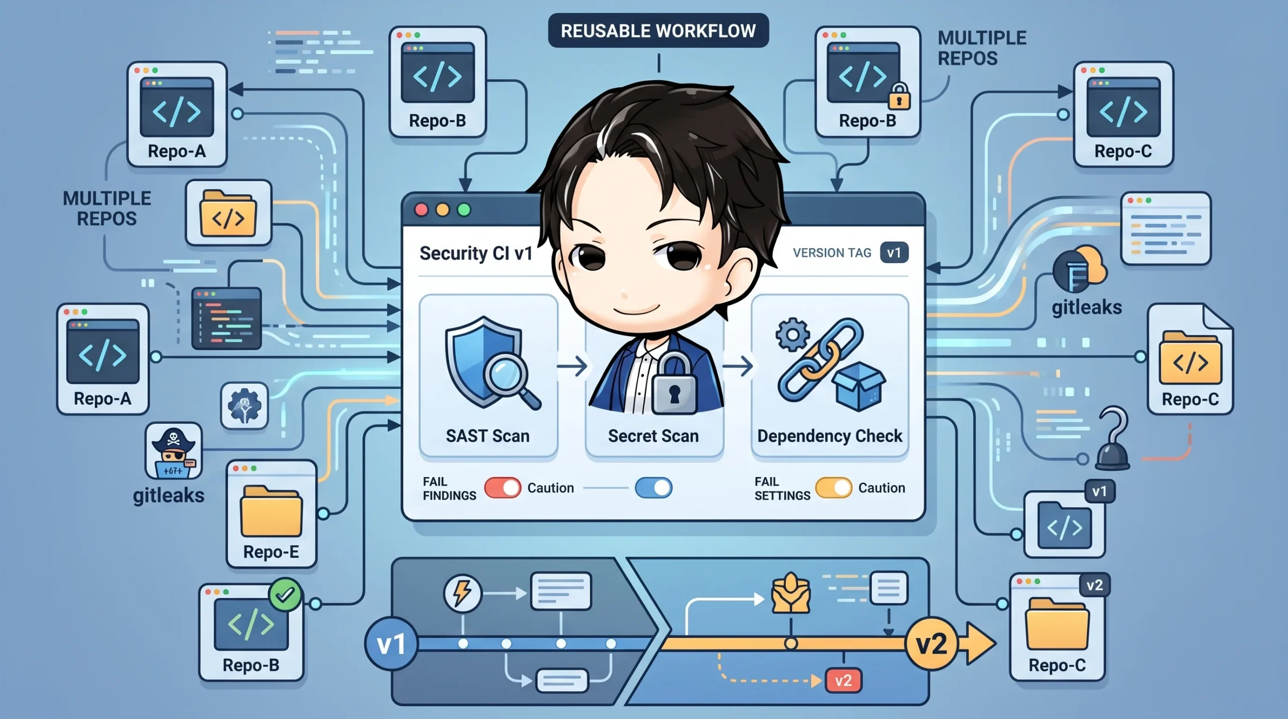 複数リポジトリ(Repo-A, B, C等)がGitHub Actionsの再利用可能なセキュリティCIワークフローに繋がり、SAST、シークレットスキャン、依存関係チェックが実行される様子。各リポジトリのセキュリティテストを一元化し、段階的に導入する設計が示されている。
