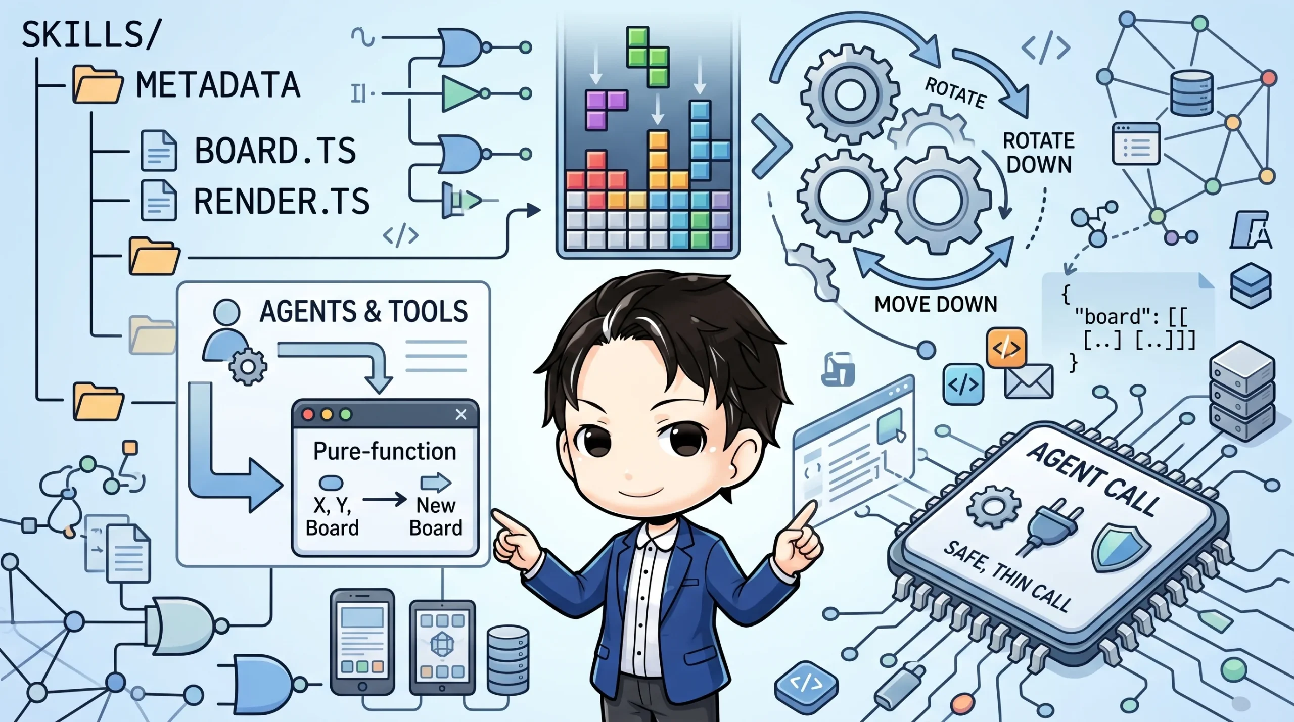 AIコーディングエージェントにテトリス風ゲームを実装する拡張（スキル）の概念図。左にスキル構成（メタデータ、ファイル）、中央にテトリス盤面と純粋関数による状態更新、右下に安全なエージェント呼び出しを示すチップが描かれ、記事の内容を視覚的に表現しています。