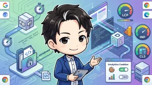ウェブパフォーマンスを測定する男性と、LCP、INP、CLSのWeb Vitals指標、dataLayerへのデータ送信、Cookie同意管理、npmパッケージ、ベンダリングを示す図。プライバシーに配慮したCore Web Vitals計測設計を解説しています。
