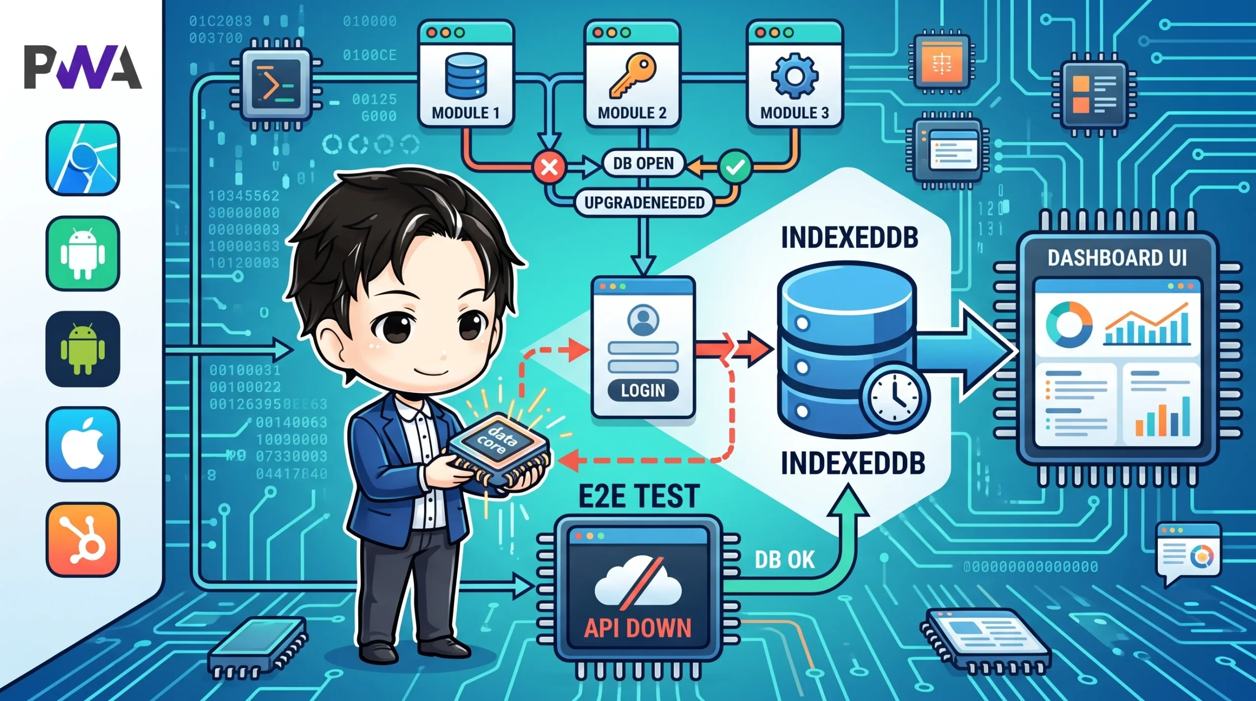 PWAロゴとアプリのアイコンが描かれた回路基板の背景に、開発者がデータコアチップを持つ。アプリケーションモジュールがIndexedDBと連携し、「APIダウン」時にIndexedDBが「OK」となり、ログイン画面を経由せずダッシュボードUIを表示する様子が図示されている。PWAのオフラインログイン問題解決とIndexedDBスナップショット利用の概念を視覚的に表現しています。