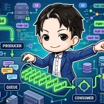 メッセージキューを用いた非同期システムで、「run-id」を使って処理の疎通を確認する様子を示す図です。入力からプロデューサー、キュー、コンシューマー、データベースまで、一意のIDが追跡される流れをキャラクターが指し示しています。