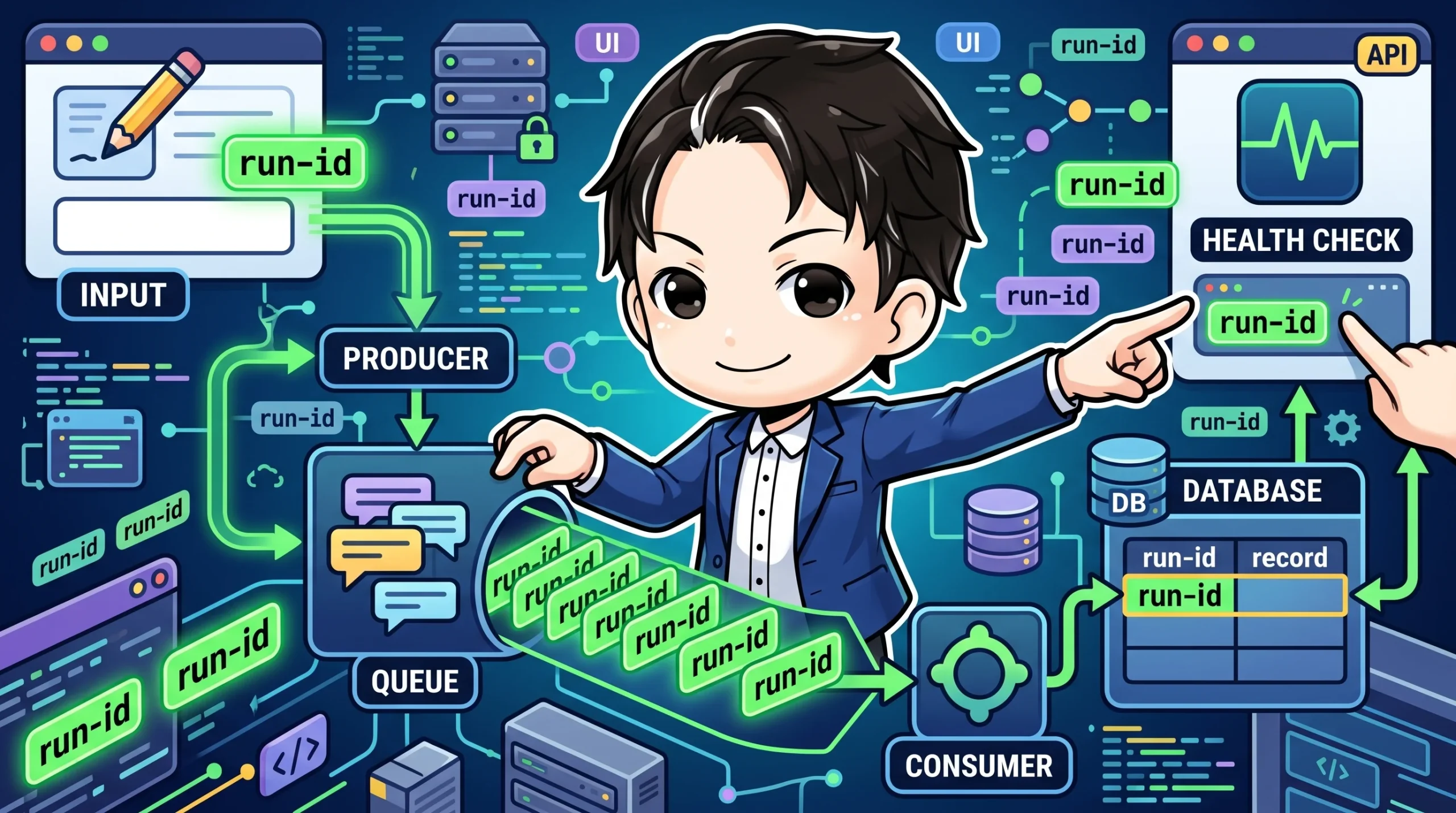 メッセージキューを用いた非同期システムで、「run-id」を使って処理の疎通を確認する様子を示す図です。入力からプロデューサー、キュー、コンシューマー、データベースまで、一意のIDが追跡される流れをキャラクターが指し示しています。