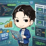 WordPressのタクソノミーアーカイブを改善する開発者を中心に、N+1キャッシュ、SEO、パンくずJSON-LDなどの要素が配置され、パフォーマンス向上とランディングページ化のヒントが描かれています。