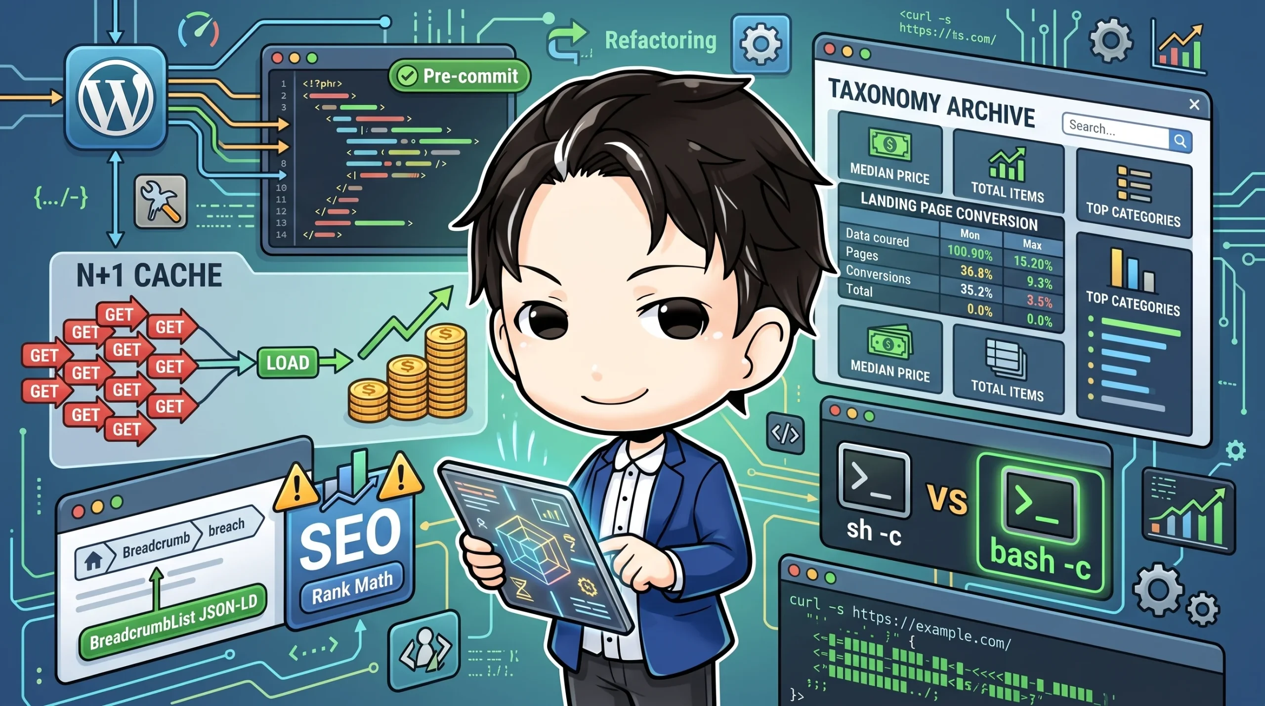 WordPressのタクソノミーアーカイブを改善する開発者を中心に、N+1キャッシュ、SEO、パンくずJSON-LDなどの要素が配置され、パフォーマンス向上とランディングページ化のヒントが描かれています。