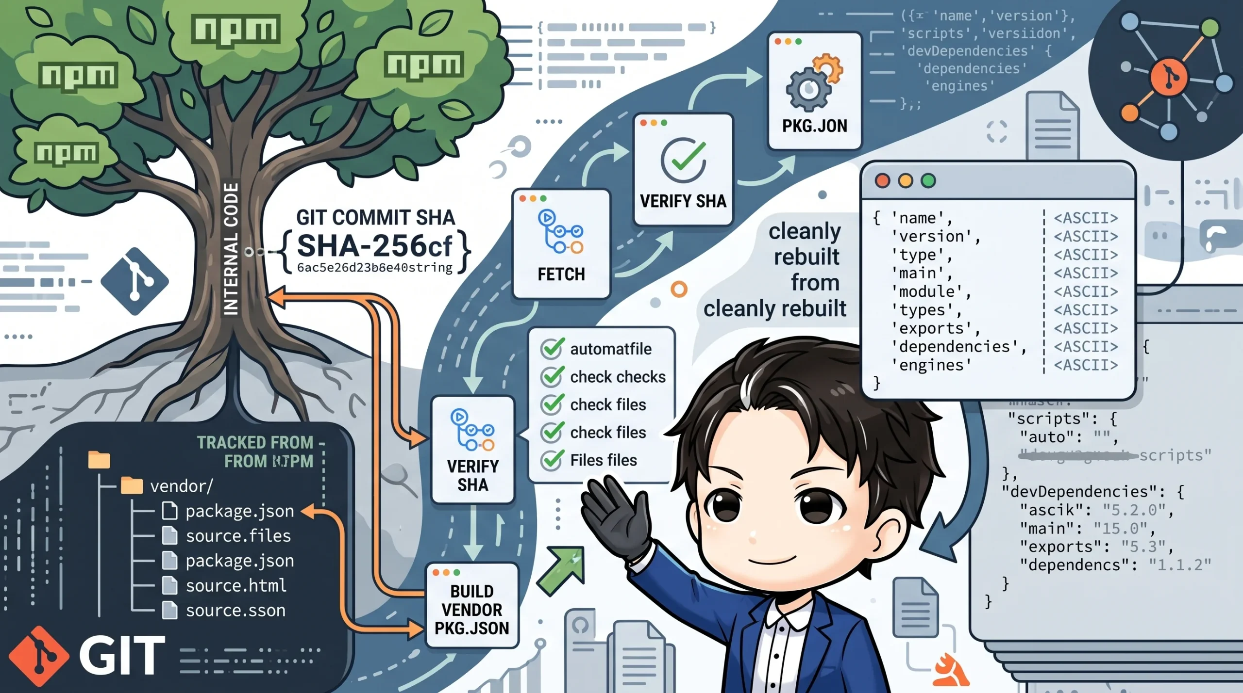 GitコミットSHAで追跡されるnpm未公開の内部コードが、ベンダーディレクトリにコピーされ、SHA検証やクリーンな再構築を経て、package.jsonが安全に管理・検証される自動化プロセスを図示したイラスト。