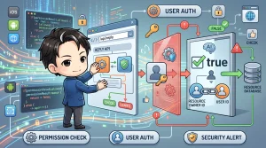 「AI生成フラグ」が権限チェックをバイパスする脆弱性の概念図。API呼び出しにおけるユーザー認証、権限チェック、AI生成コンテンツとリソース所有者の関連付け、セキュリティ警告のフローを示しています。