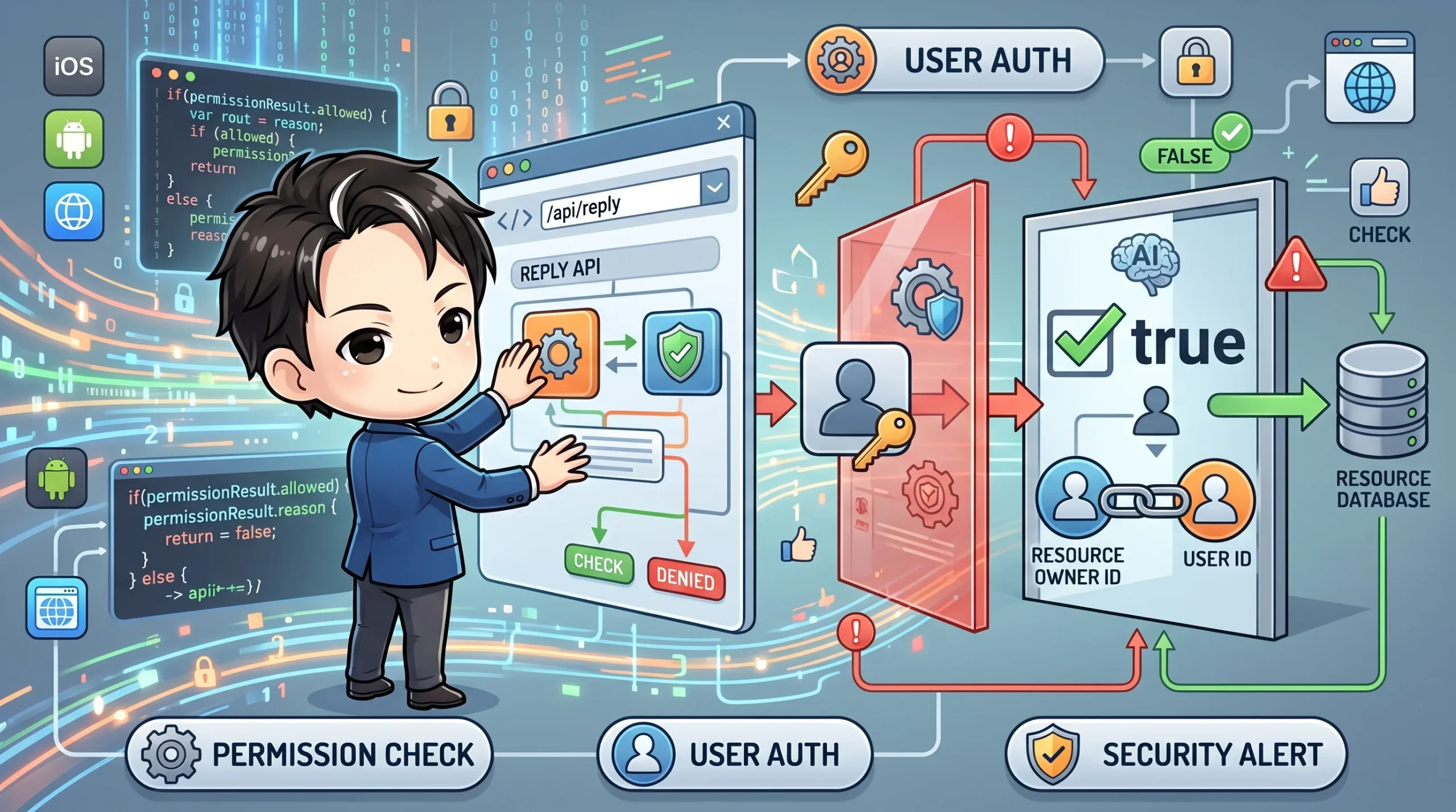 「AI生成フラグ」が権限チェックをバイパスする脆弱性の概念図。API呼び出しにおけるユーザー認証、権限チェック、AI生成コンテンツとリソース所有者の関連付け、セキュリティ警告のフローを示しています。