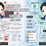 エラー処理の課題と解決策を比較する図。左は「CHAOS」として、正規表現や文字列マッチングで複雑化・分散したエラー判定を示す。右は「UNIFIED」として、AppErrorによる構造化とCIチェックで統一された健全なエラーハンドリングを表す。