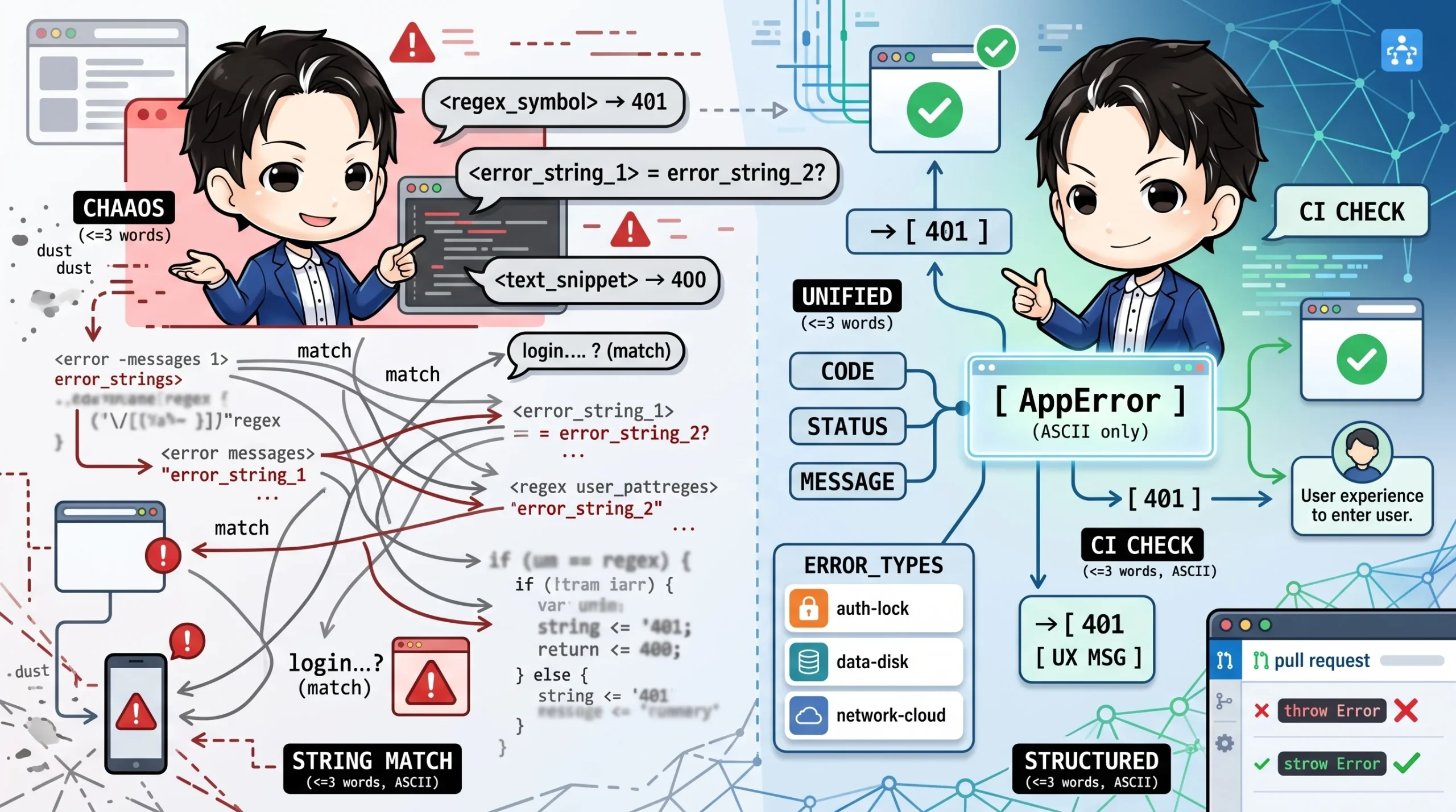 エラー処理の課題と解決策を比較する図。左は「CHAOS」として、正規表現や文字列マッチングで複雑化・分散したエラー判定を示す。右は「UNIFIED」として、AppErrorによる構造化とCIチェックで統一された健全なエラーハンドリングを表す。