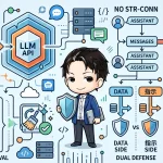 LLM APIへの入力からプロンプトインジェクション対策までを図示。会話履歴の文字列連結の危険性、入れ子デリミタの複数除去、データと指示の二重防御、バリデーション上限値を網羅し、ユーザー投稿の安全な処理方法を解説しています。